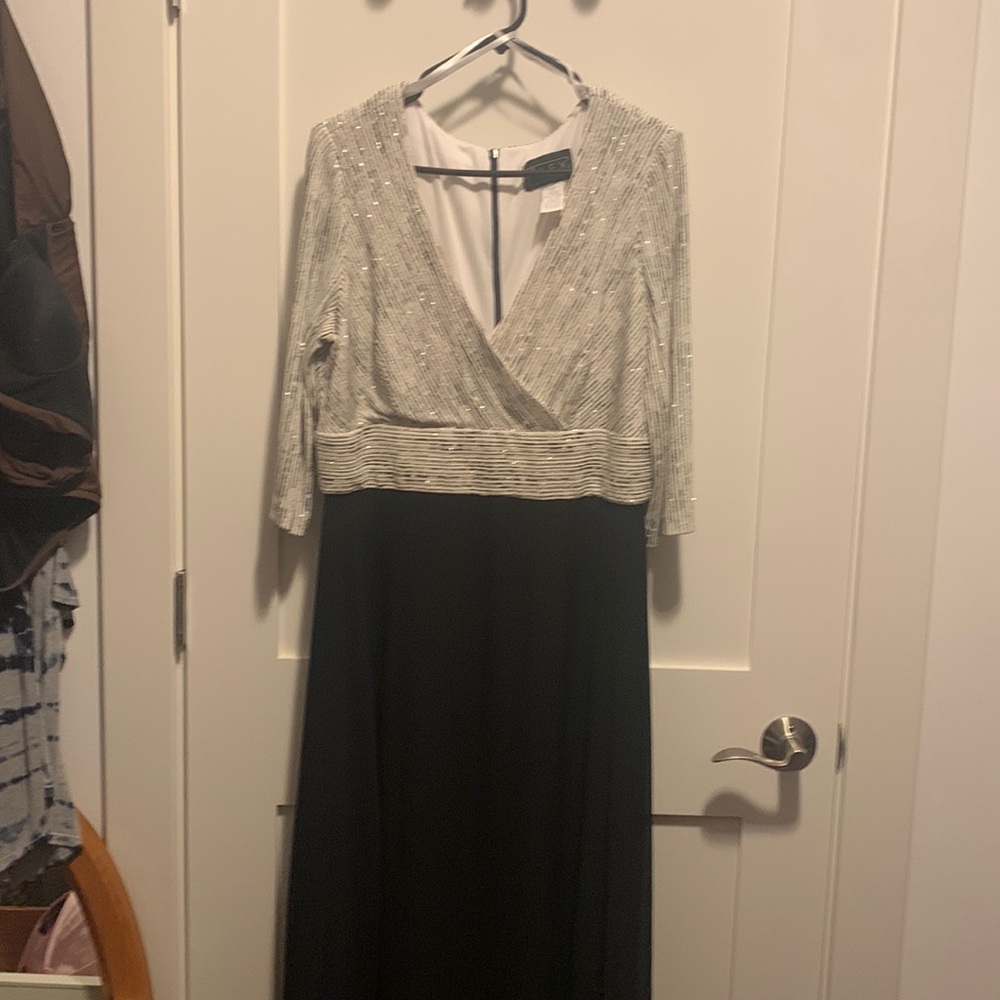 Mother of the Bride dress—formal/black skirt/silver metallic top